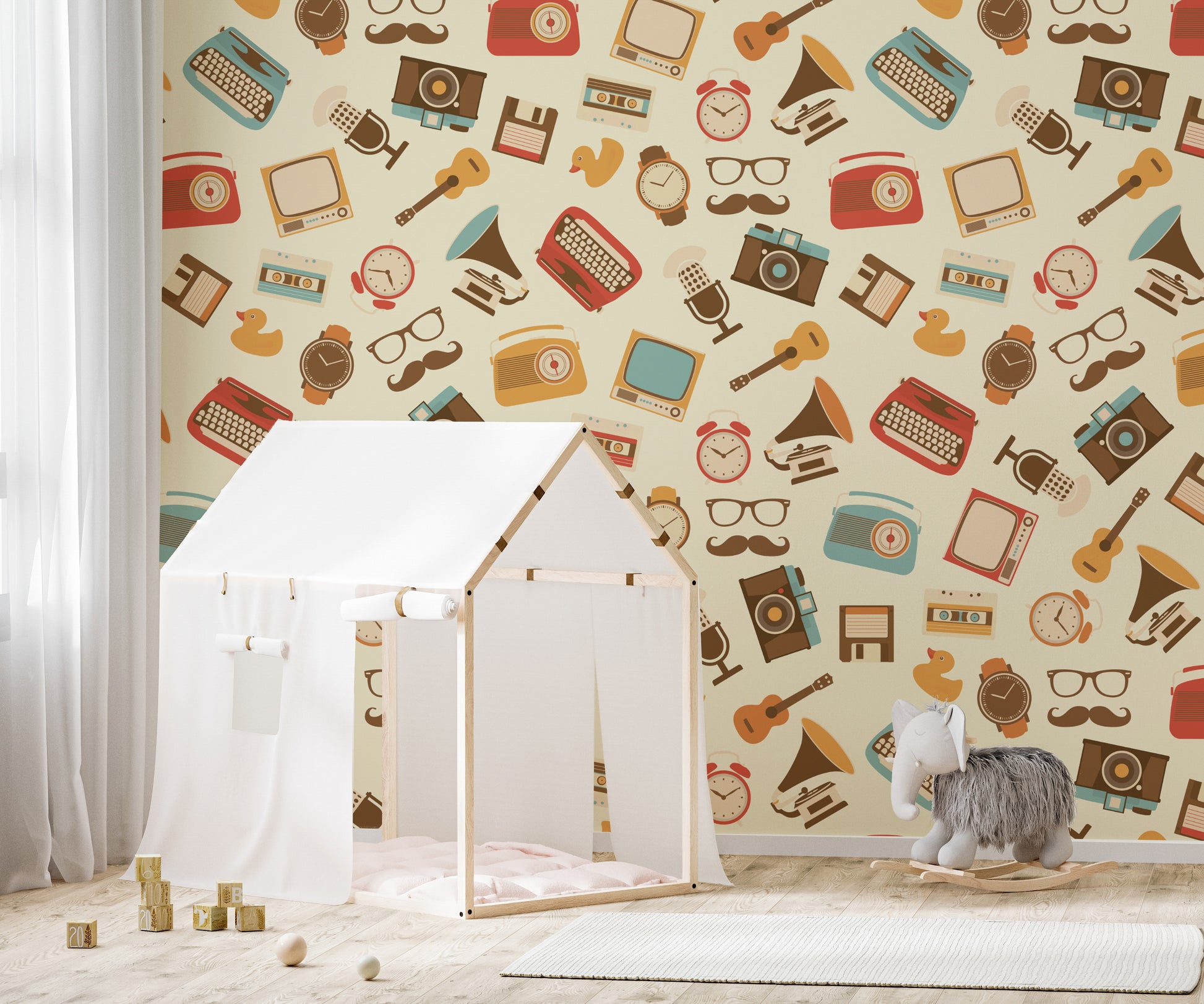 Retro mural featuring radios, clocks, and TVs