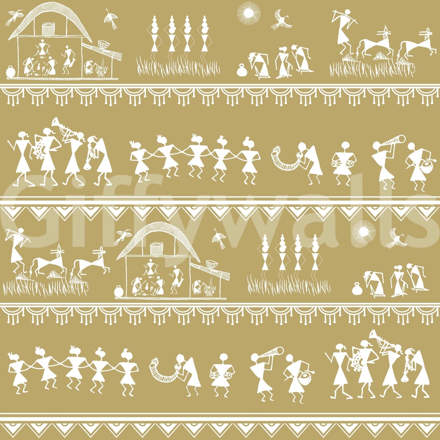 Adivasi Chronicles mural close-up showing white Warli dancers, farmers and huts patterned on a mustard background