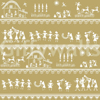 Adivasi Chronicles mural close-up showing white Warli dancers, farmers and huts patterned on a mustard background