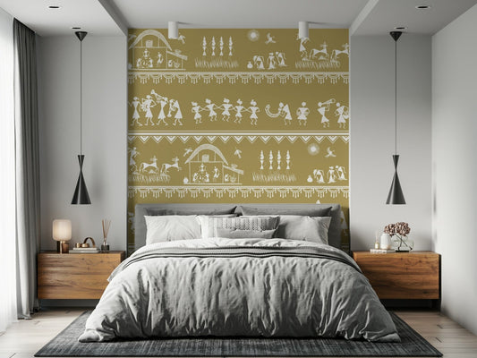 Adivasi wall mural showing village life, farming, music, and dance in white folk art on earthy background