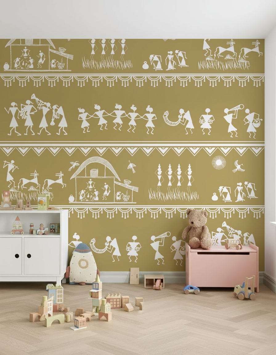 Adivasi Chronicles wall mural with white folk-art dancers and farmers on mustard in a nursery with a toy box
