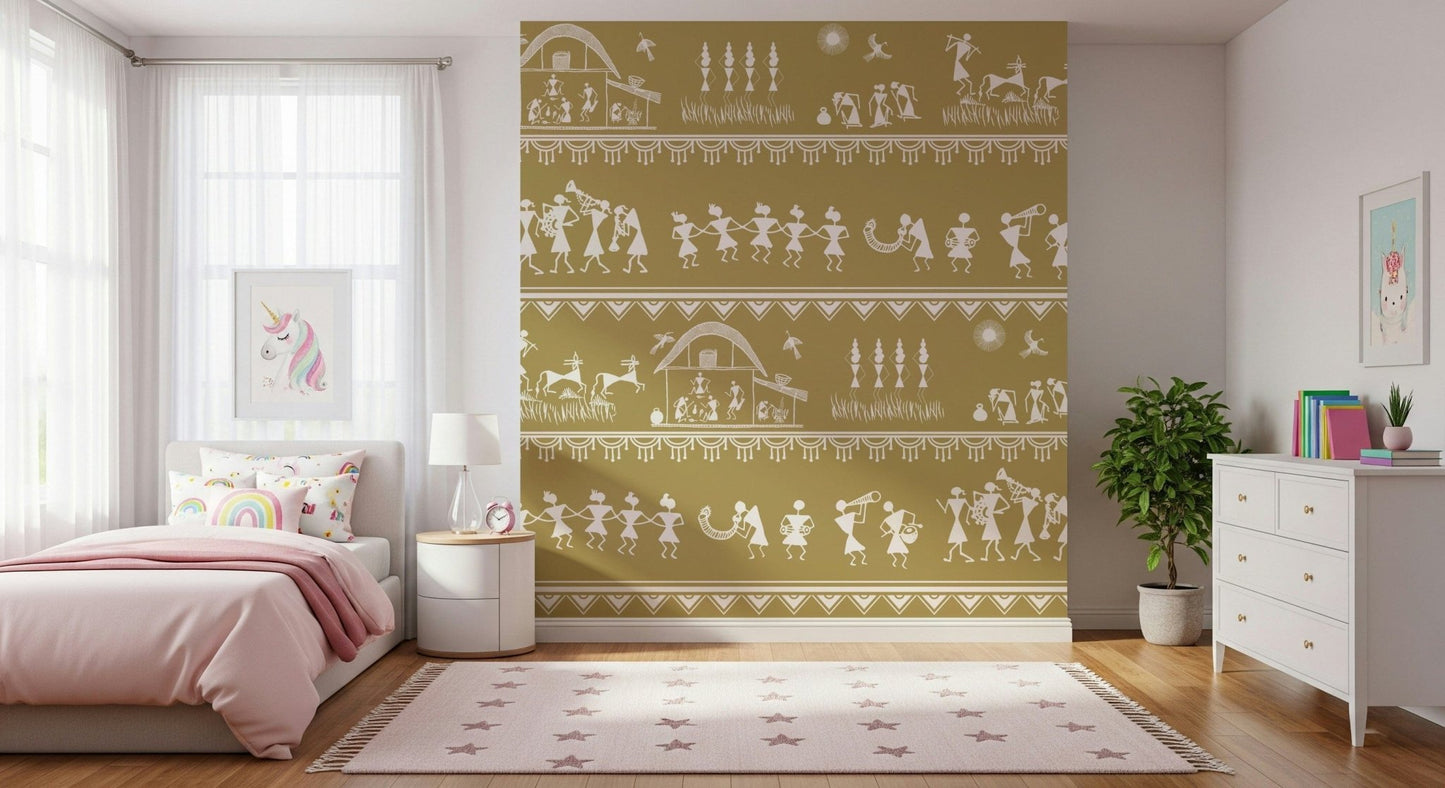 Adivasi Chronicles wall mural with white tribal figures on mustard behind a pink bed in a girls bedroom