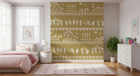 Adivasi Chronicles wall mural with white tribal figures on mustard behind a pink bed in a girls bedroom
