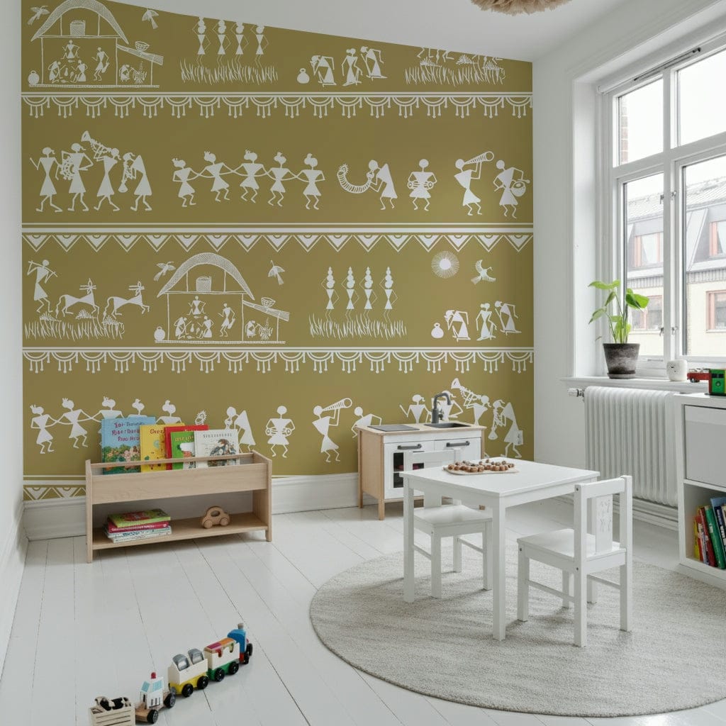 Adivasi Chronicles wall mural of white Warli village life on ochre in a kids playroom with toys and books