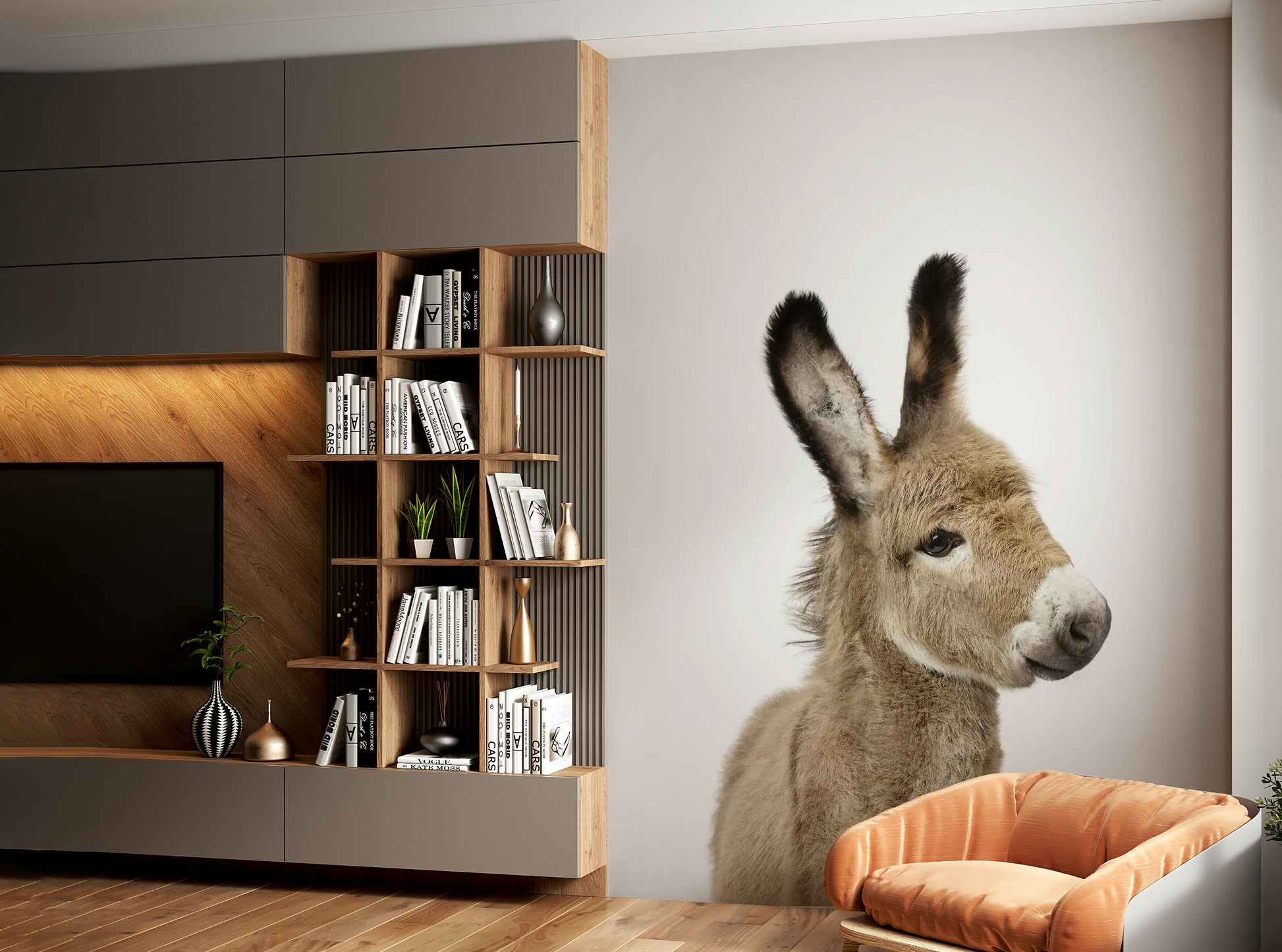 Smiling baby donkey mural for children’s space

