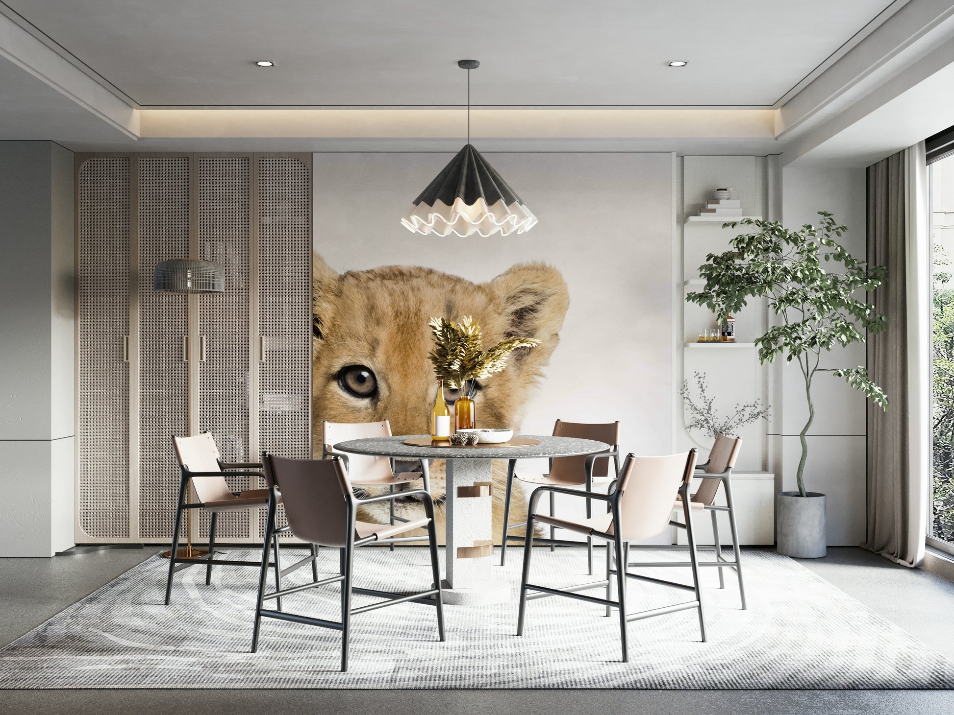 Gentle lion cub mural for a cozy kids’ room

