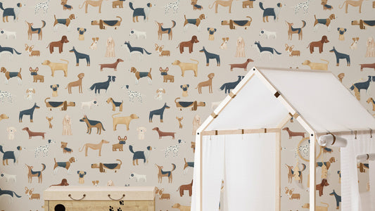 Beige Cute Dogs wallpaper of tan and navy illustrated dogs in a nursery with a white house-frame play tent