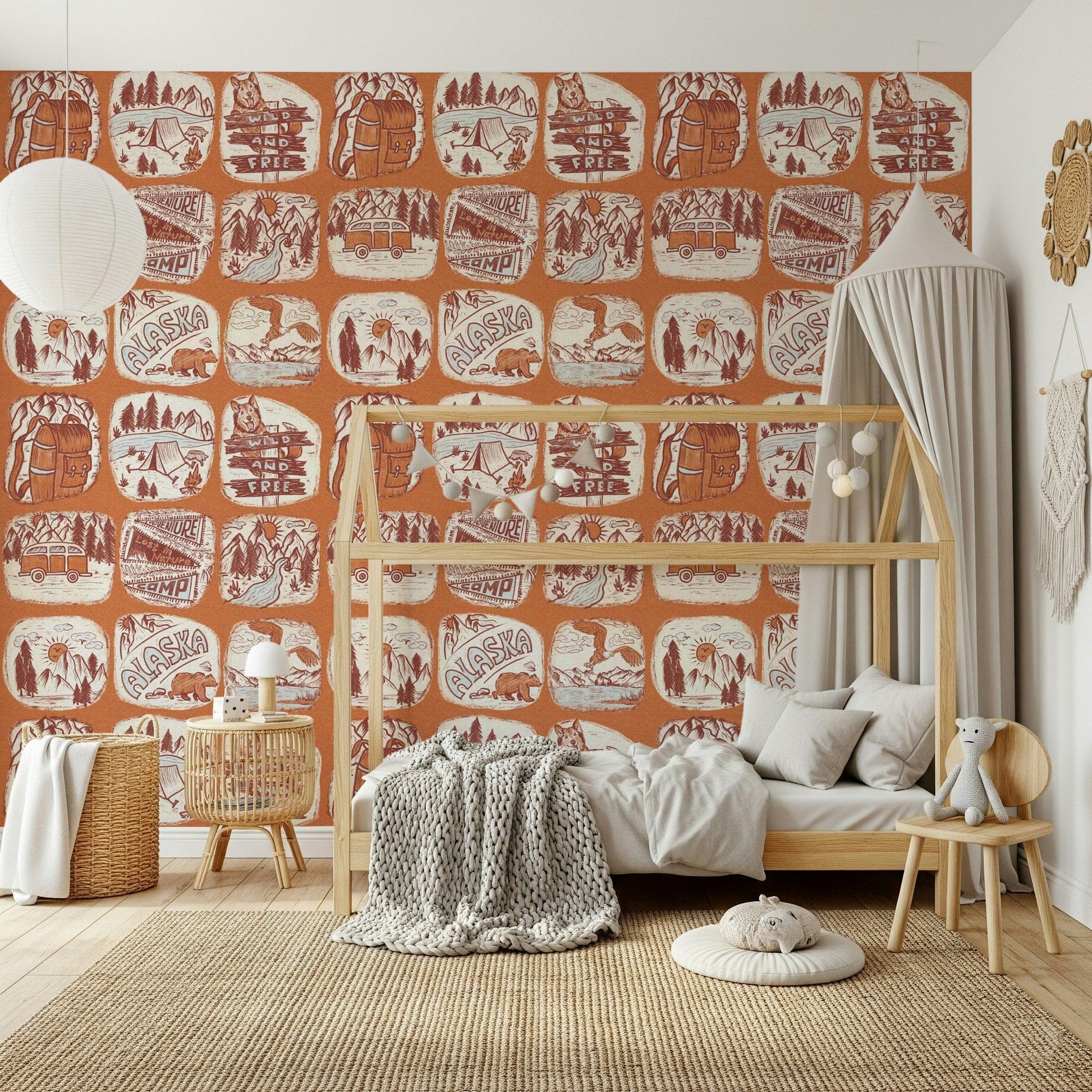 Playful explorer wallpaper with illustrated wildlife and adventure tools.