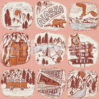 Adventure wallpaper mural with sketchy wilderness designs, including tents, mountains, and animals.