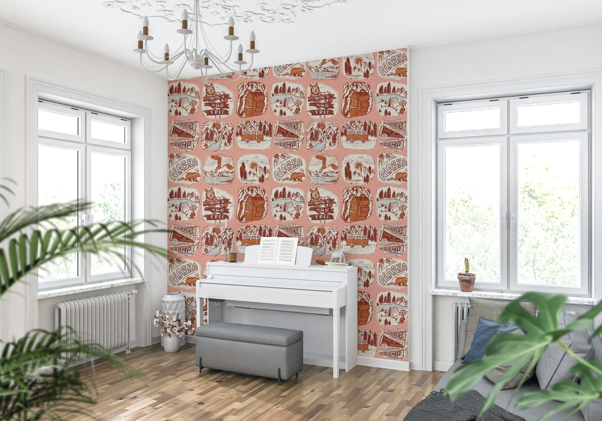 Outdoor-themed wallpaper featuring repeating Alaska travel badges in earthy red and cream tones.