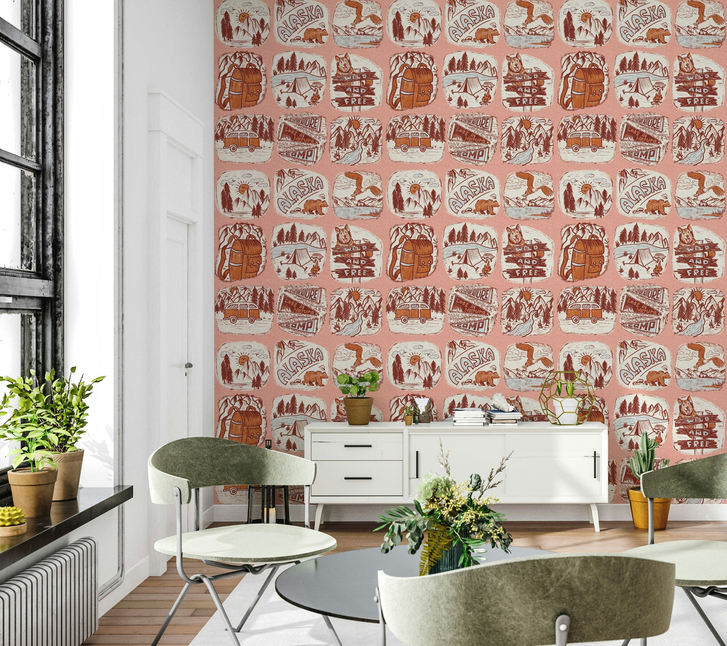 Adventure Awaits wallpaper filled with square outdoor patches depicting nature and exploration.
