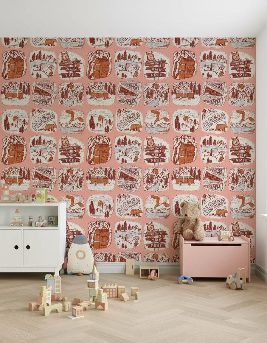 Illustrated wallpaper mural with camping icons, wildlife scenes, and retro road-trip imagery.
