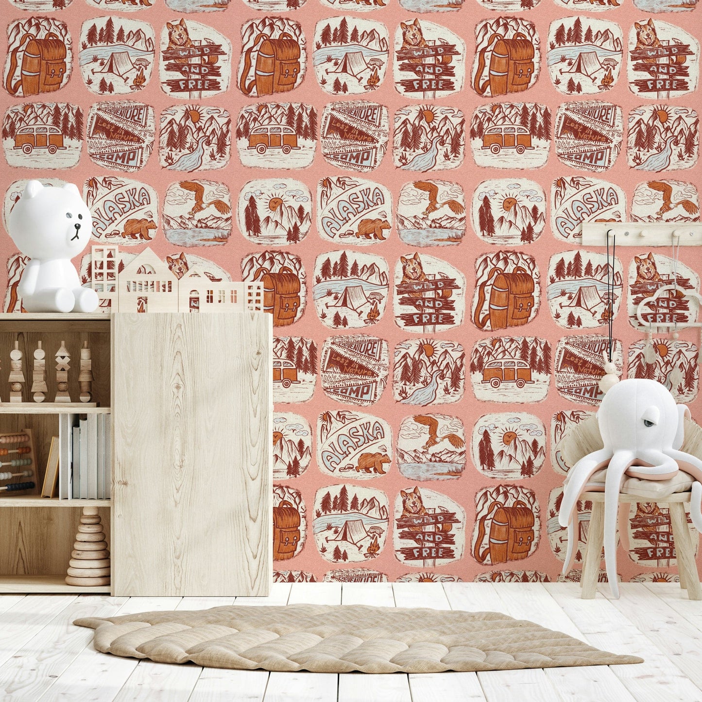 Rustic adventure wallpaper featuring hand-drawn Alaska-inspired wilderness patches.