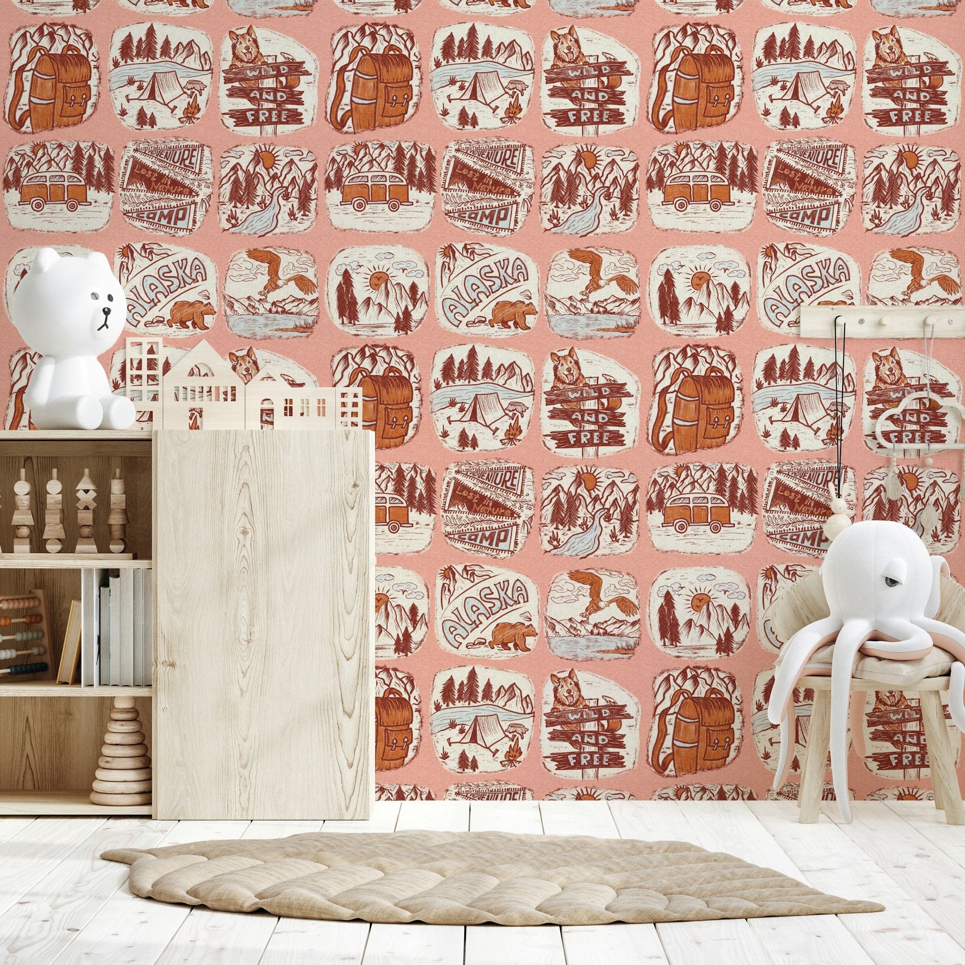 Rustic adventure wallpaper featuring hand-drawn Alaska-inspired wilderness patches.