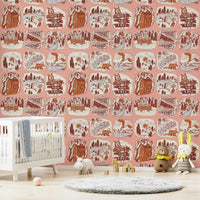 Adventure Awaits wallpaper featuring illustrated outdoor badges with mountains, forests, and wildlife.