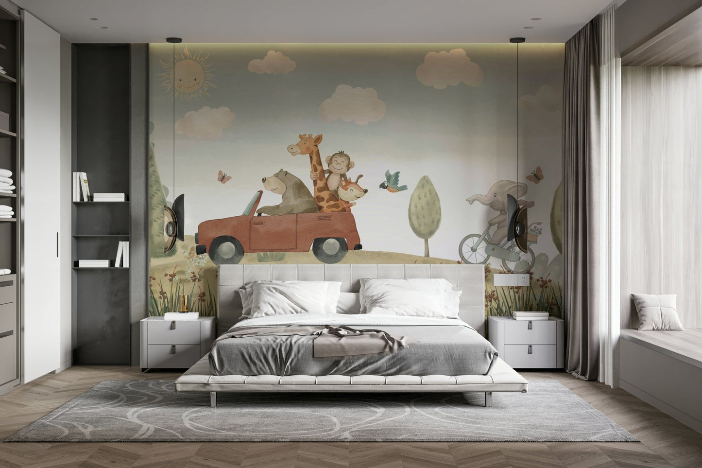 A wall mural of a peaceful adventure scene.

