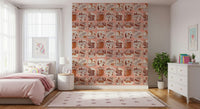 Adventure Awaits wallpaper showcasing vintage travel badges in warm rustic tones.