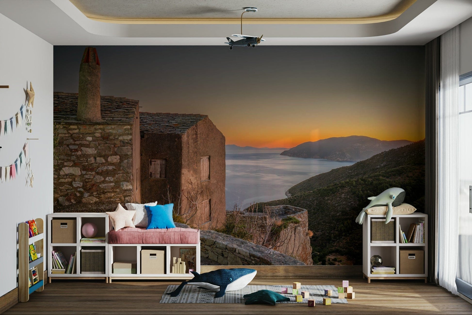 A peaceful island view mural on decorative wallpaper.

