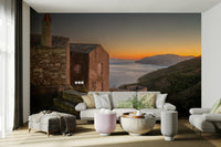 An artistic coastal scene mural on scenic wallpaper.

