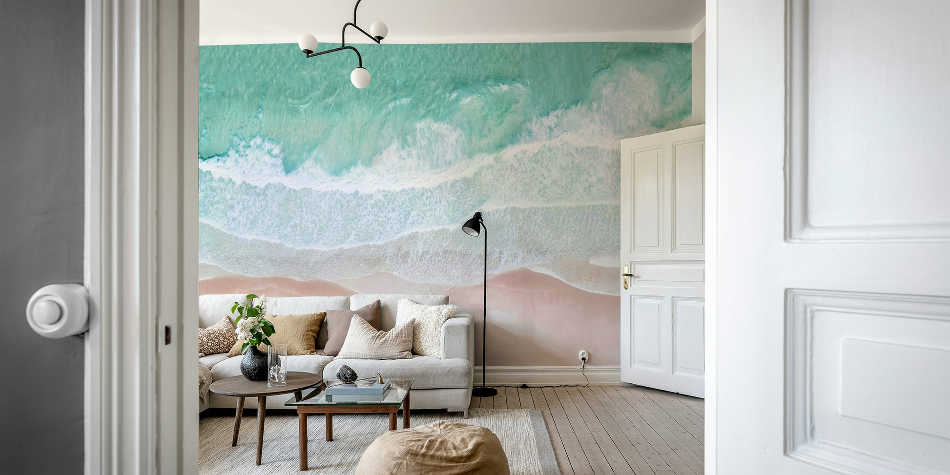 Ocean wall art from above with foamy waves

