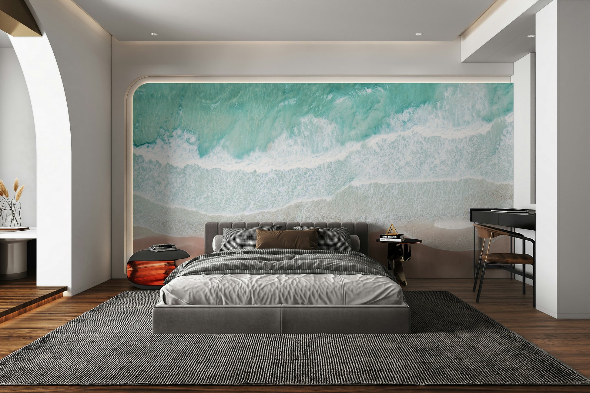 Aerial beach and sea mural in soft coastal tones

