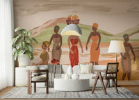 Wall mural depicting joyful women in traditional African clothing amidst bountiful harvests.
