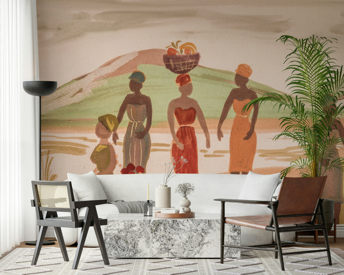 African-inspired wallpaper with women in traditional dress holding fruits and grains.