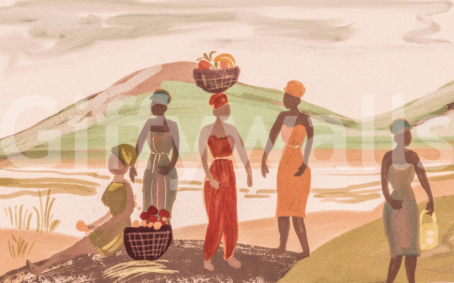 Echoes of the Motherland: Graceful African Women in Vibrant Traditional Attire Bearing the Harvest of Joy Wall Mural