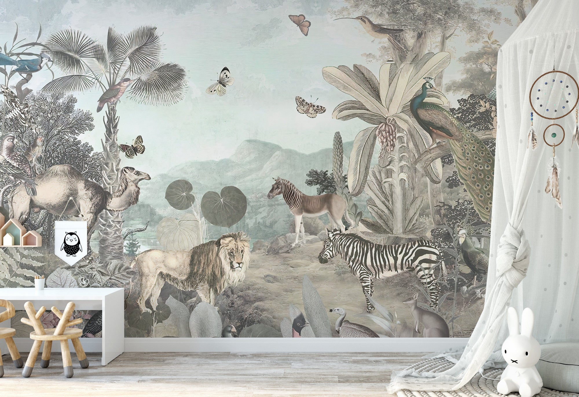 African Wildlife Animals Forest Kids wallpaper mural shown as a full feature wall that highlights the design