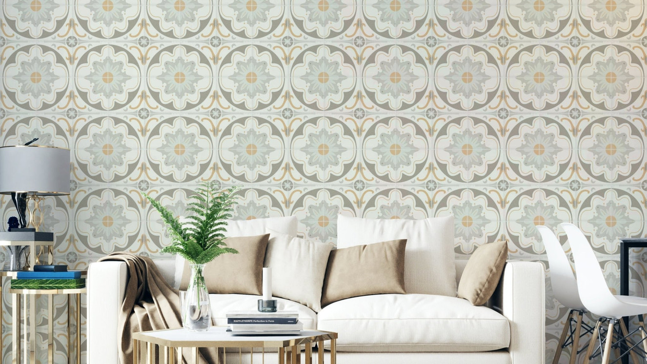 Gray wallpaper with a cement tile pattern.

