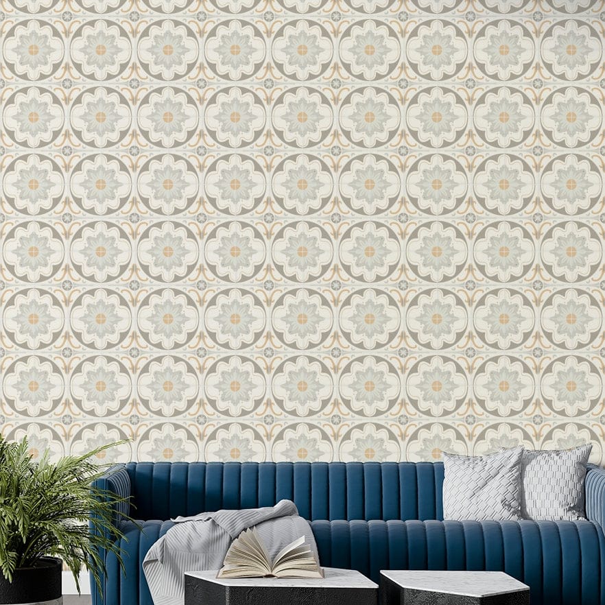Full view of the gray tile wallpaper.

