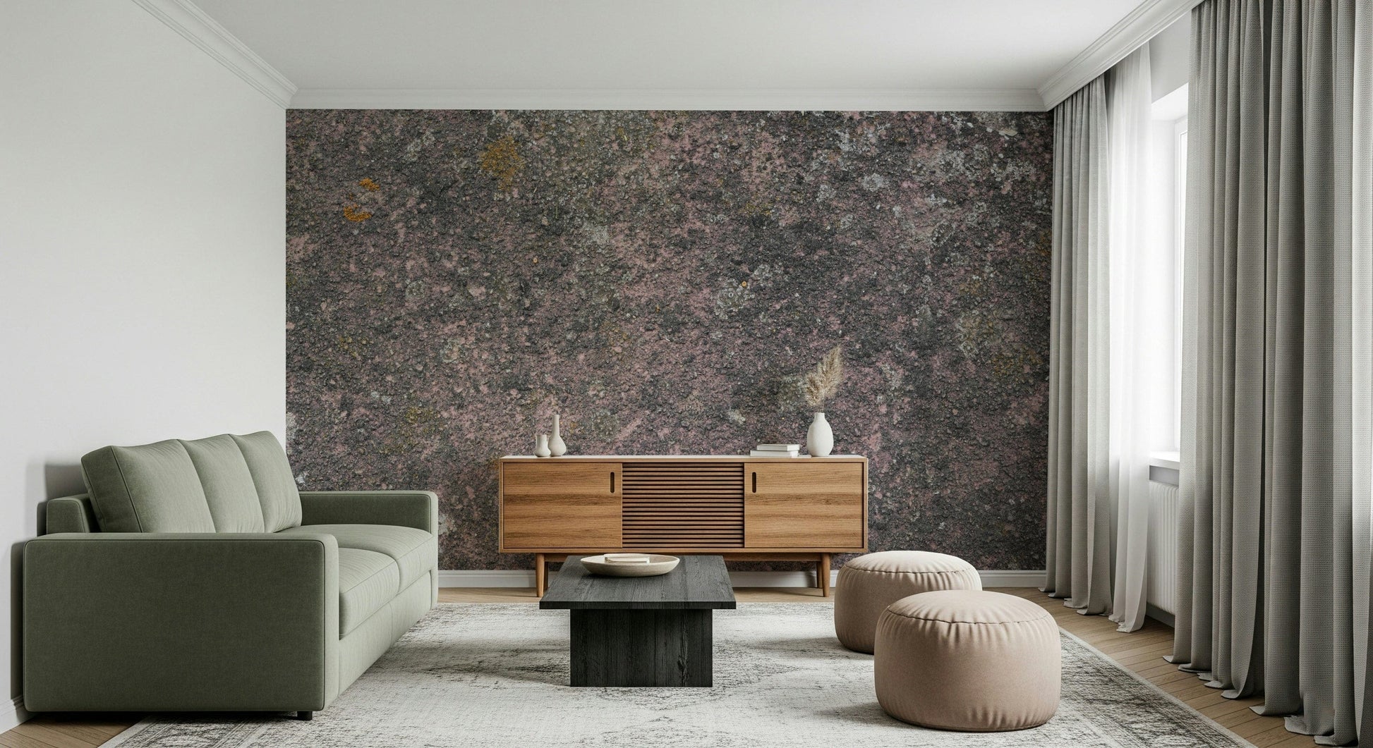 Wall mural combining layered, weathered earth textures to create a grounded, timeless interior accent wall.