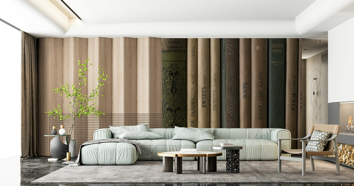 Vintage bookshelf mural with aged, textured book covers arranged closely together.