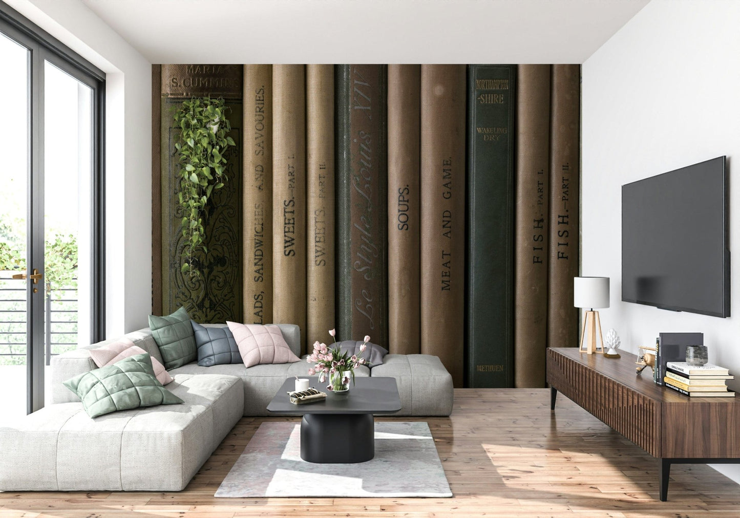 Scholarly vintage mural showcasing classic editions with textured, worn bindings.