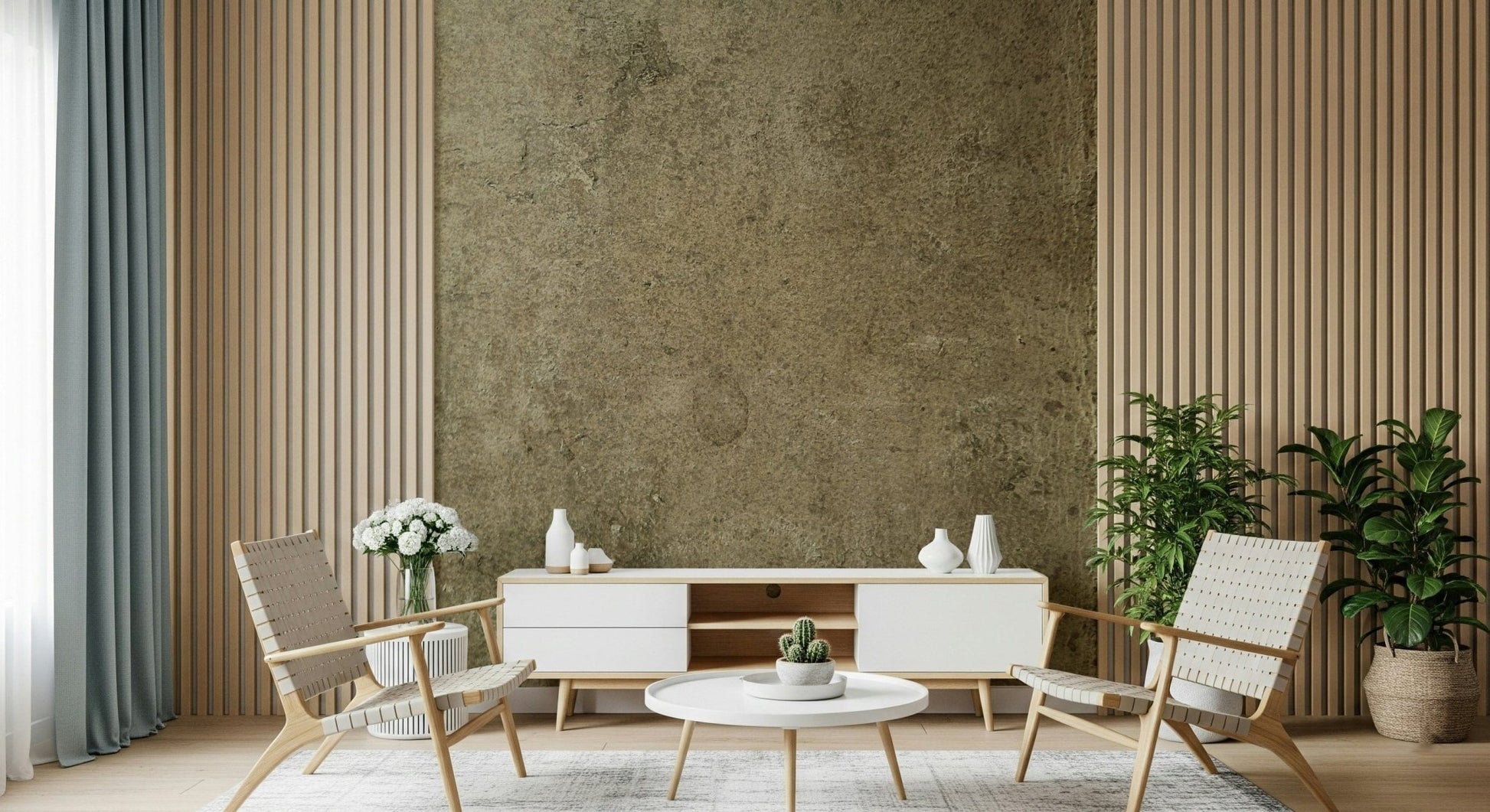 Faux Leather Hide Mural – Aged leather-effect wallpaper in soft hide tones, ideal for feature walls or living spaces.