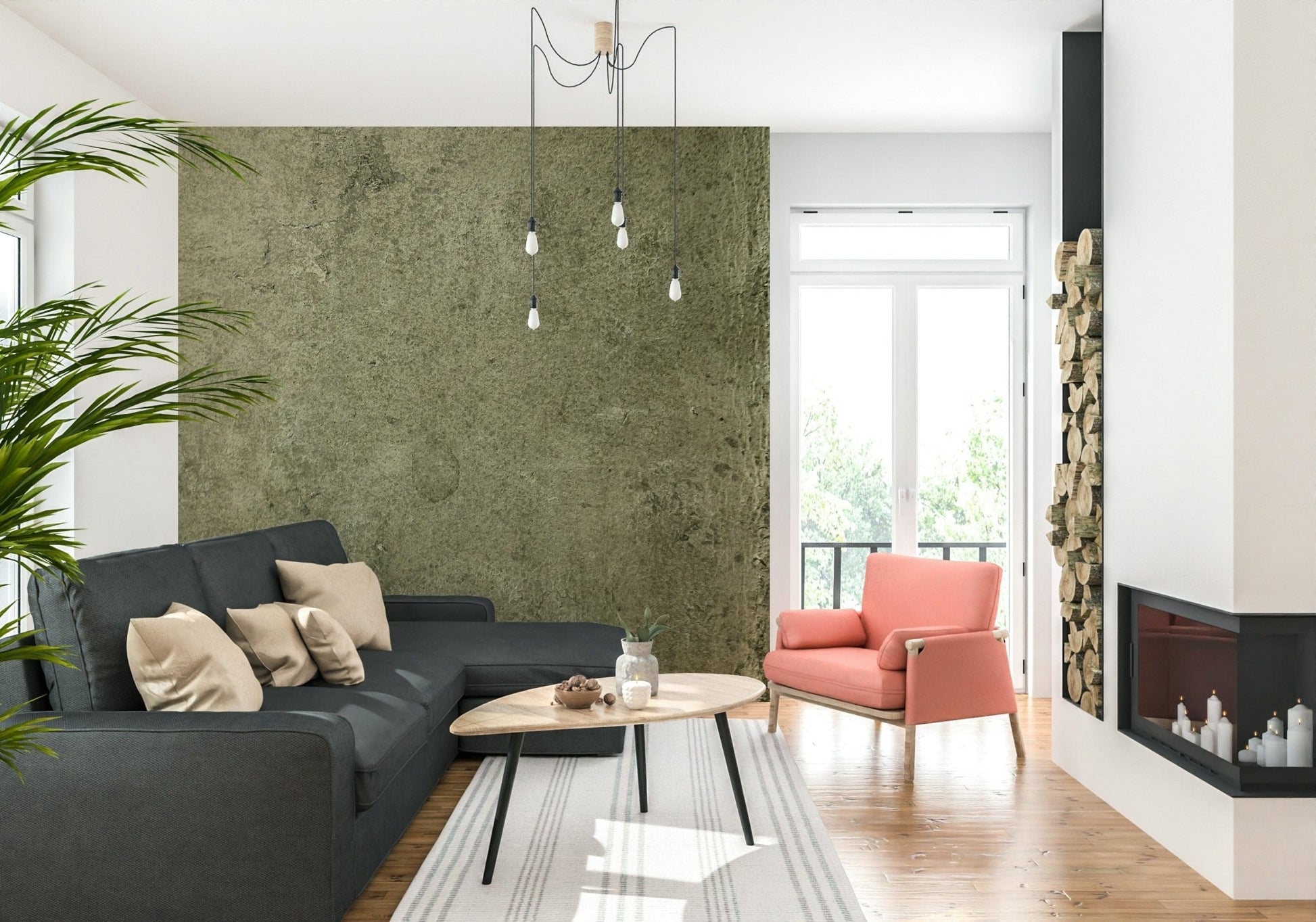 Faux Leather Olive Mural – Aged leather-effect wallpaper in sophisticated olive color, ideal for feature walls.