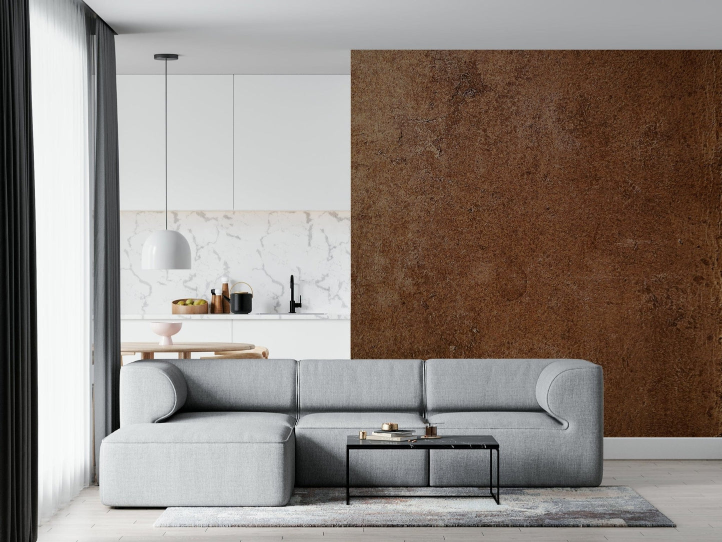 Faux Leather Saddle Mural – Rich brown leather-effect wallpaper creating a cozy, sophisticated atmosphere.