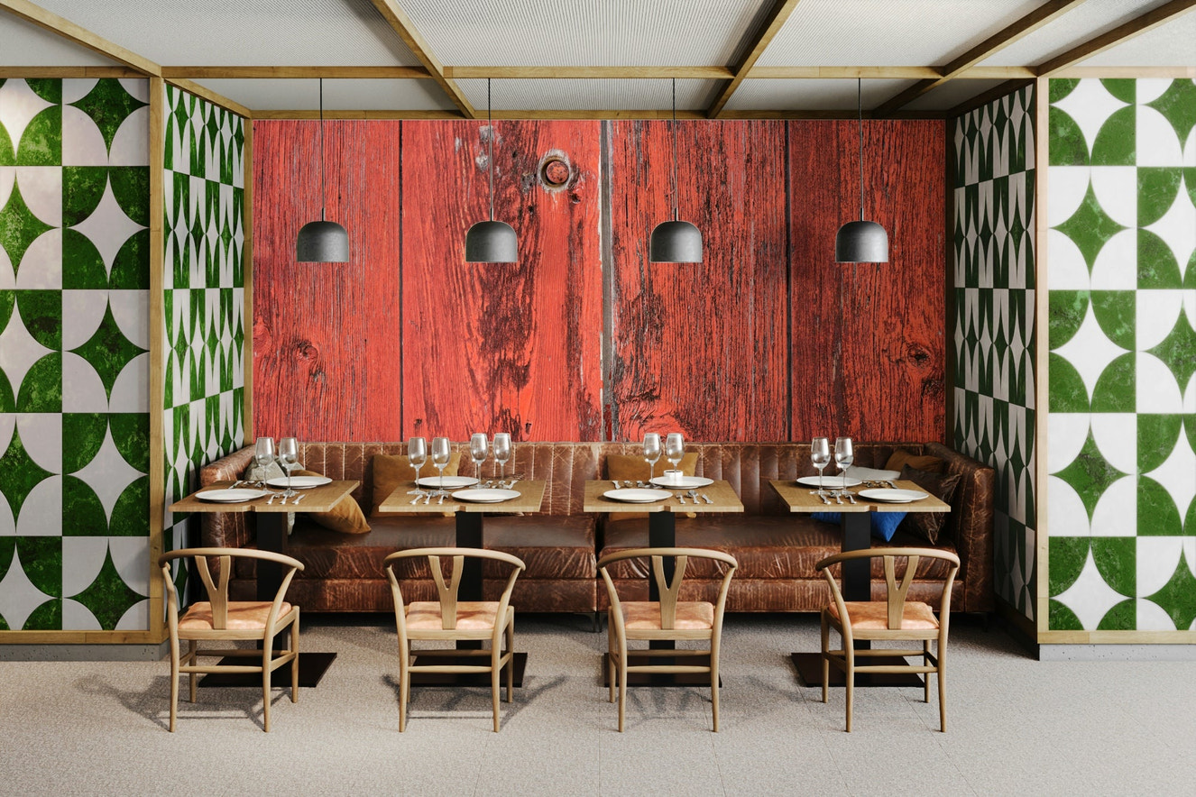 Wallpaper with a rustic, red wooden plank texture.

