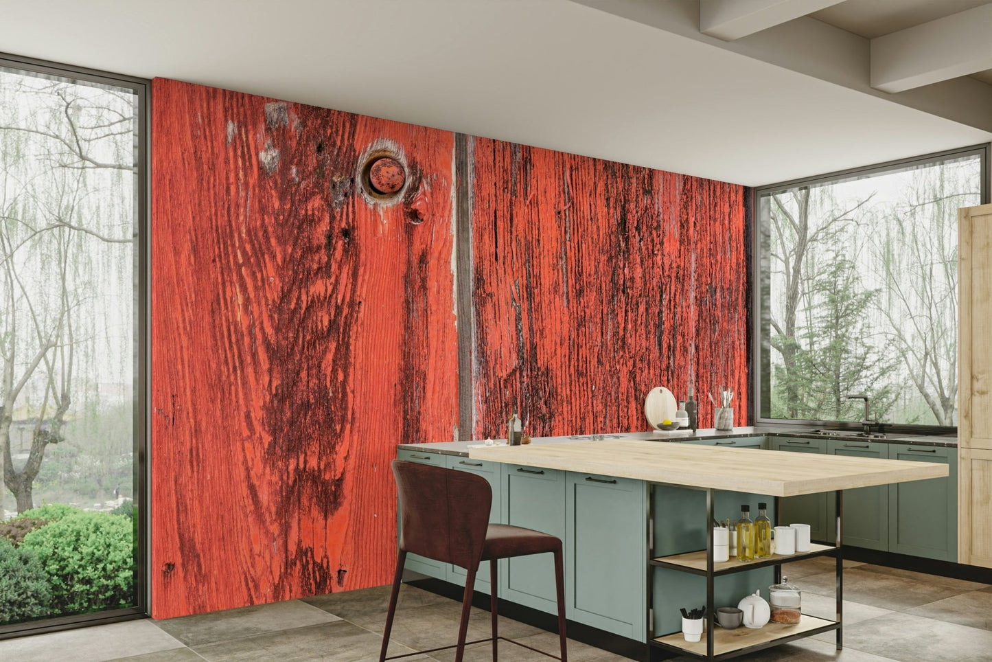 Mural with a mix of red, brown, and gray colors.

