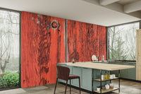 Mural with a mix of red, brown, and gray colors.

