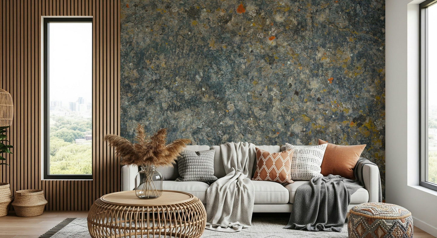 Wall mural with textured aged stone patterns adding depth and character to walls.
