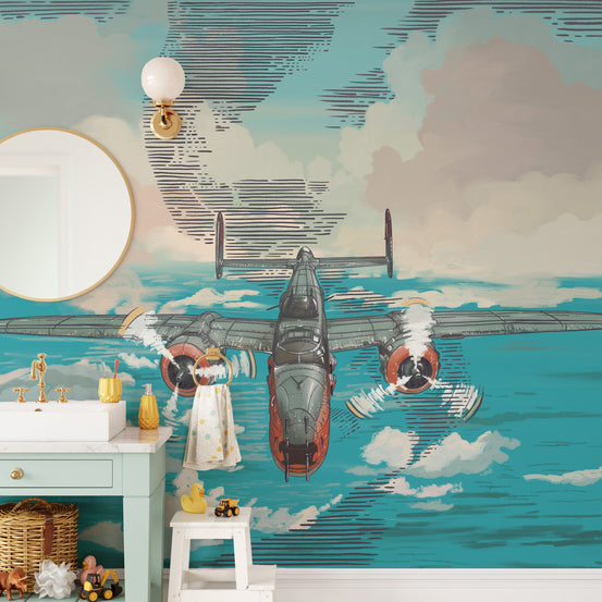 Flying Plane on Blue Ocean wallpaper mural shown as a full feature wall that highlights the design