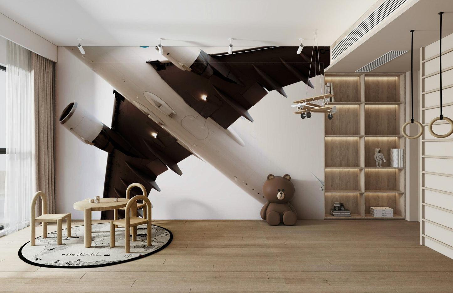 A minimalist interior with the overhead-themed wallpaper.

