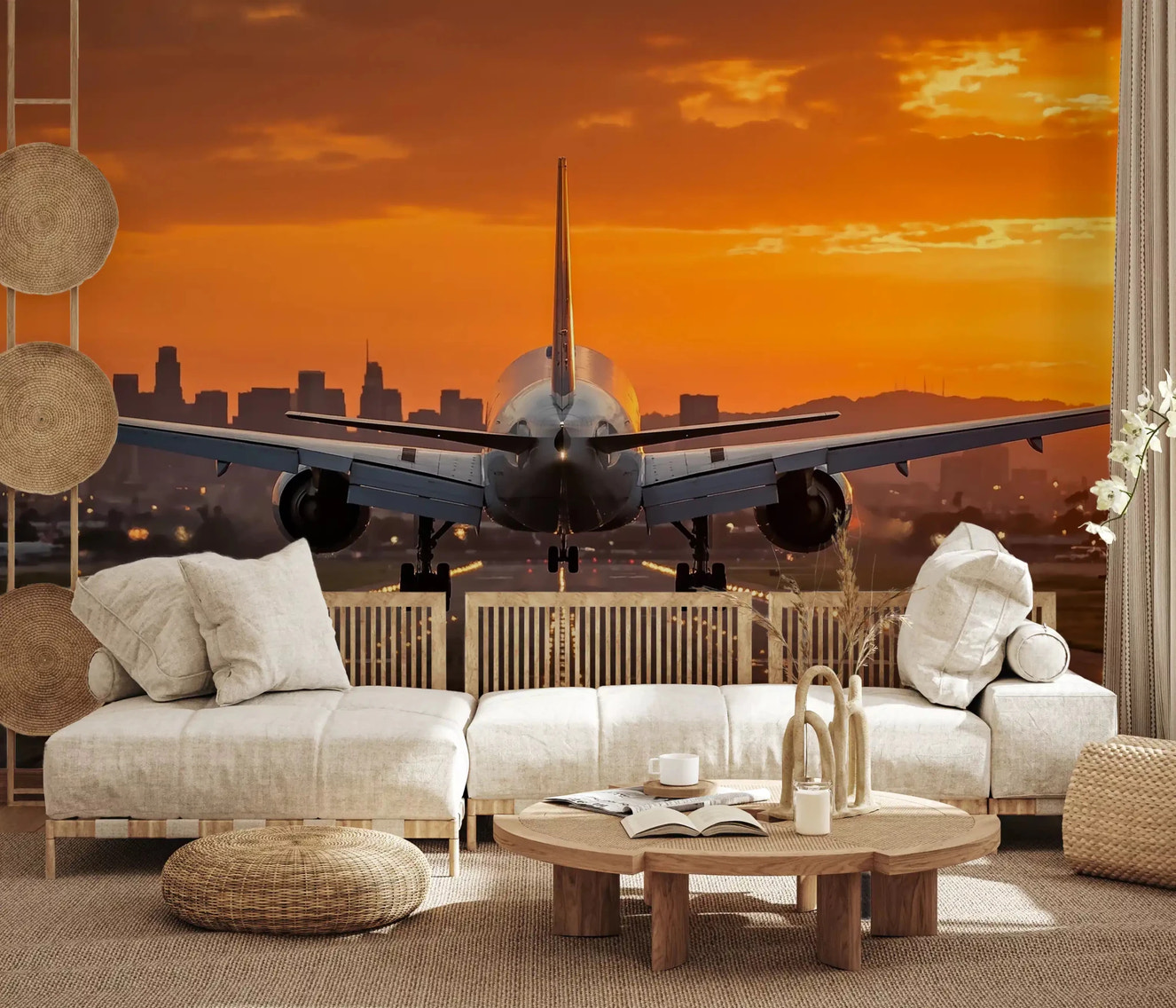 Living room with airport wall mural and sunrise runway jet scene