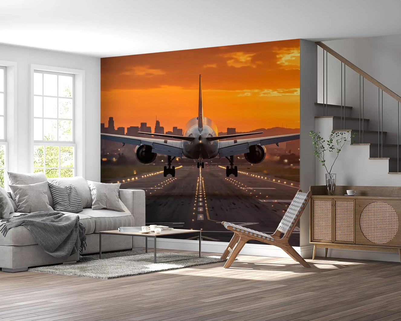 Living room styled with aviation wall mural and glowing take-off Morning view 