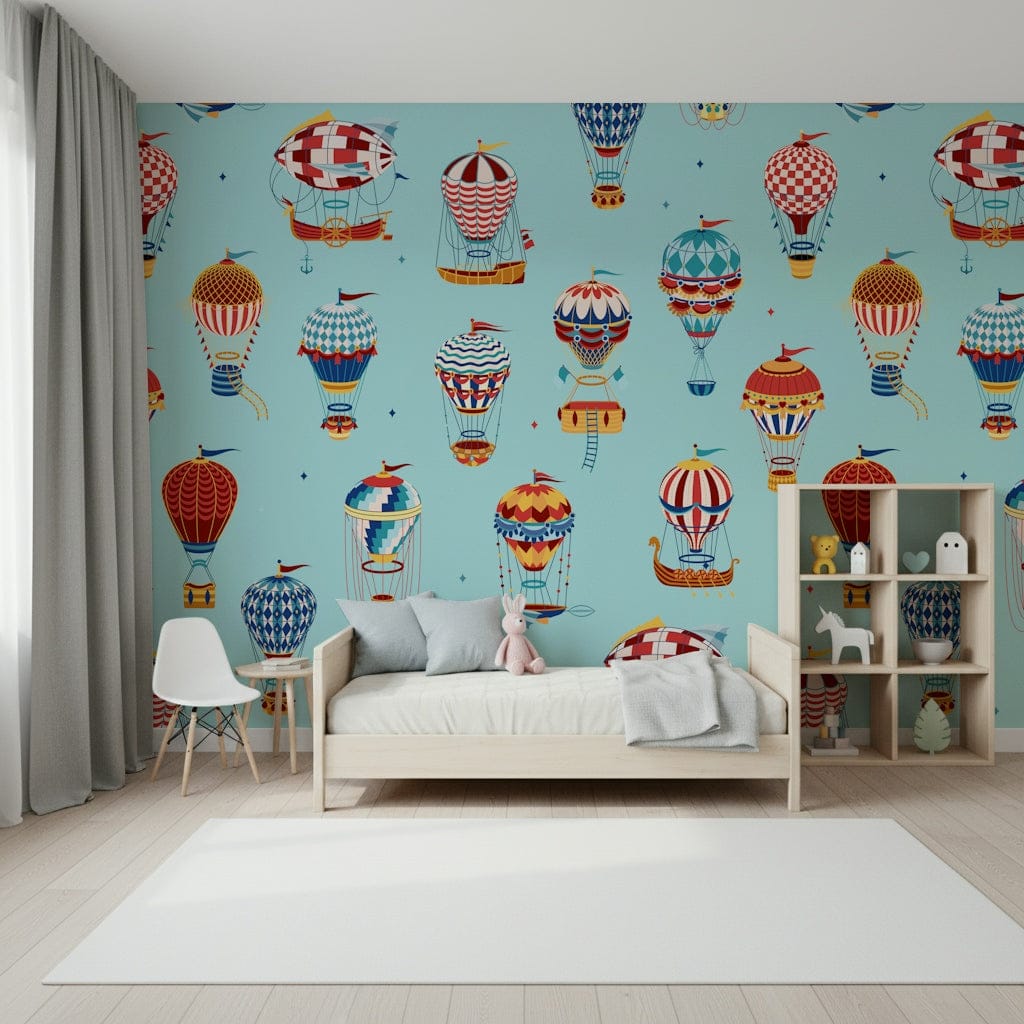 Airship Adventures wallpaper mural of vintage hot-air balloons on light blue behind a wood daybed and white cube shelf
