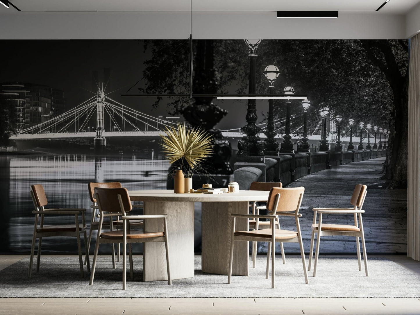 Ornate lampposts line the walkway, glowing softly.

