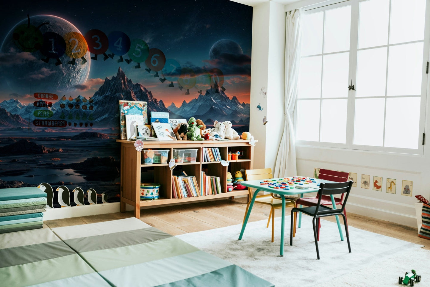 The scene includes bizarre rock formations and multiple moons in the sky.

