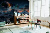 The scene includes bizarre rock formations and multiple moons in the sky.

