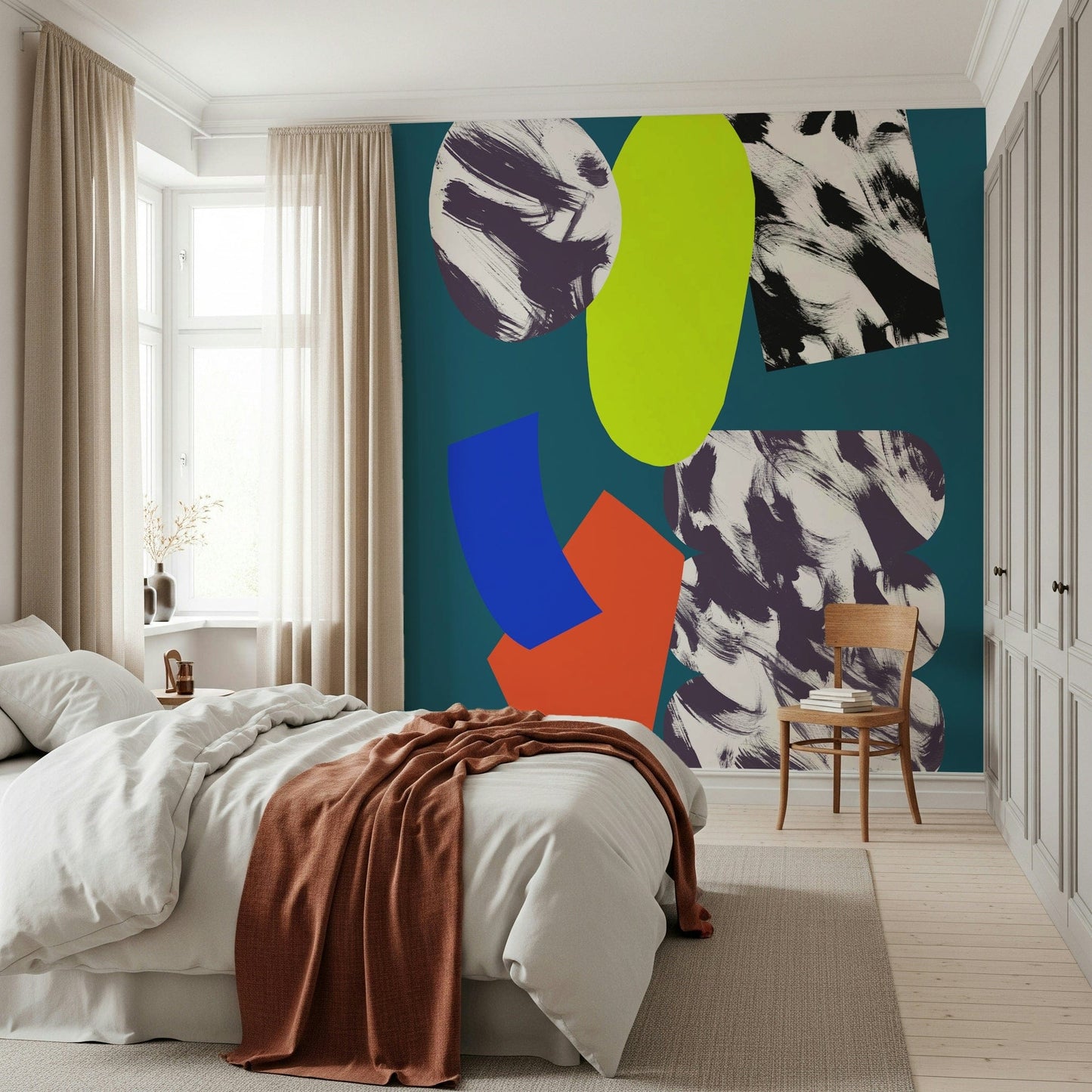 Bold abstract blocks and curved forms layered across a rich teal wallpaper backdrop.